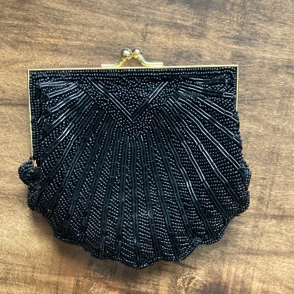 Vintage Scallop Black Beaded Evening Pochette Style Bag - Picture 3 of 5